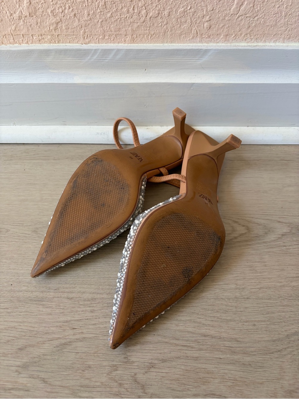 Zara Nude Pearl-Embellished Pointed Toe Sling Heels - Picture 3 of 3